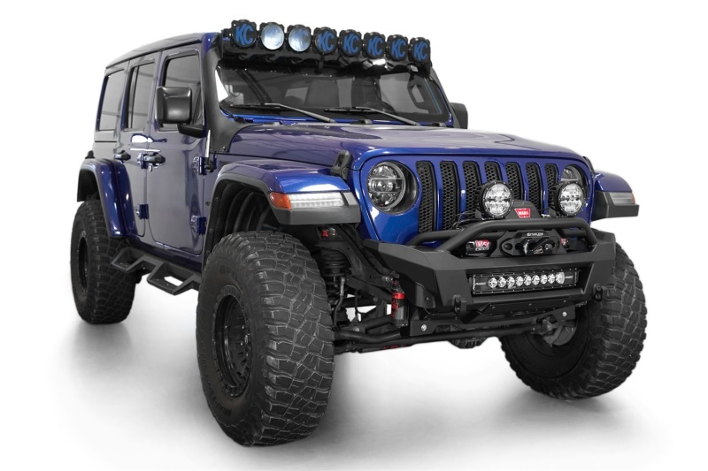 Jeep Wrangler JL Front Bumper - Addictive Desert Designs - Phantom Series, Stubby Winch, Satin Black Aluminum Accent Panels - Hammer Black - `18-`24